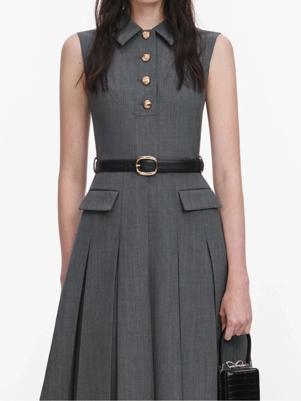 NWOT Self-Portrait GREY TAILORED PLEATED MIDI DRESS - Picture 2 of 12